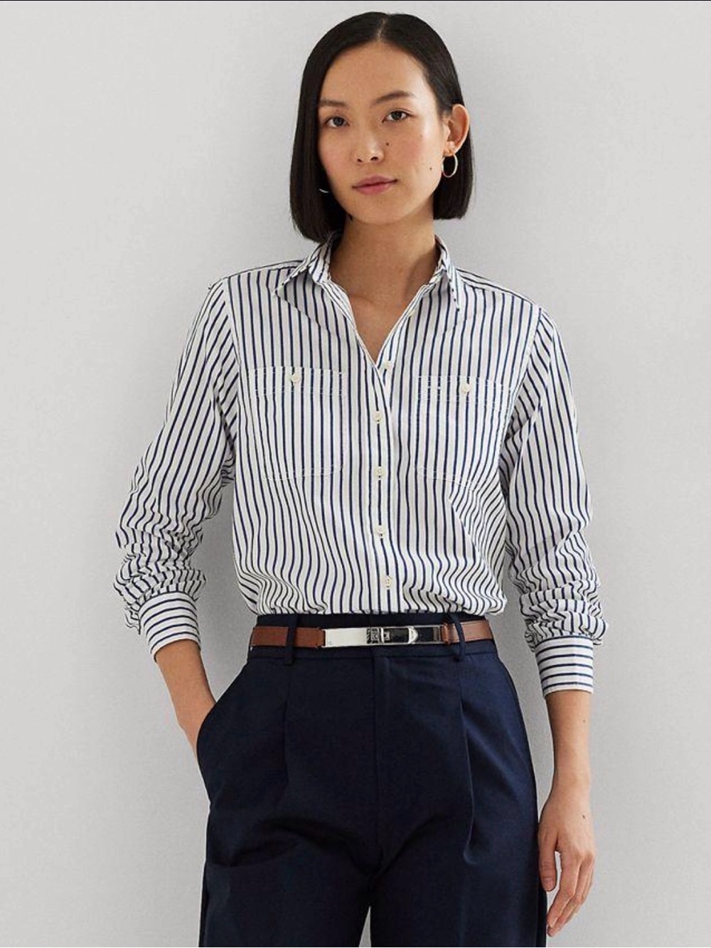 Lauren Ralph Lauren Navy White Striped 100% Cotton Roll Tab Shirt